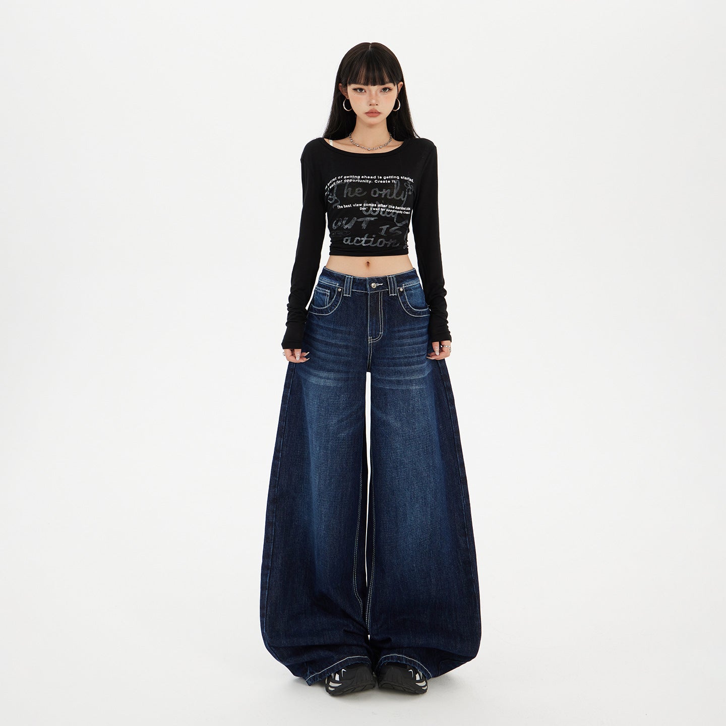 Women's Dark Blue High-Waist Wide-Leg Jeans