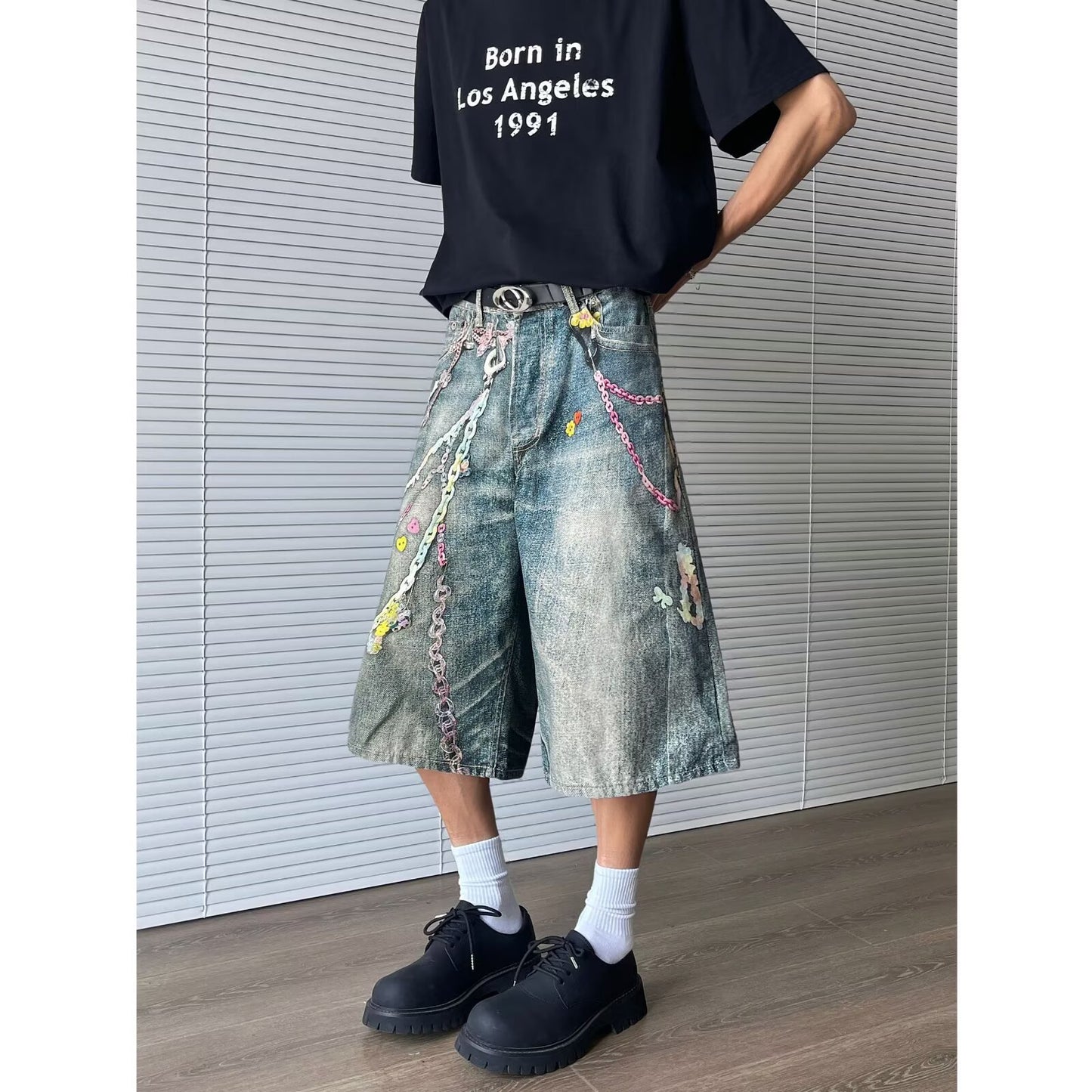 Vintage Chain Printed Denim Cropped Pants