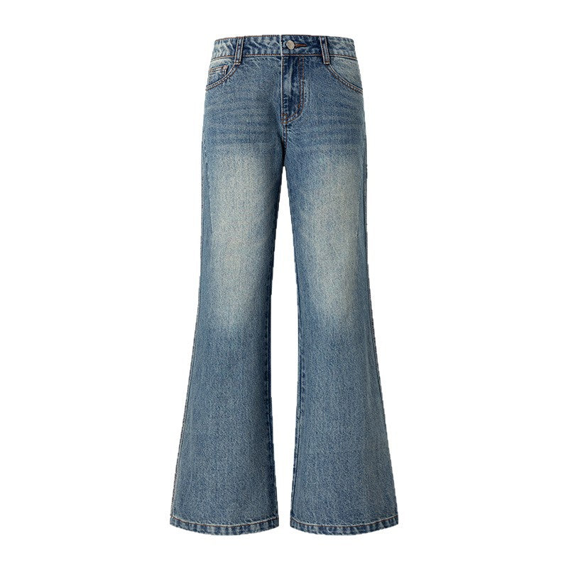 Flared Jeans for Women - Mid-Low Waist Cracked Loose Drape Versatile Pants