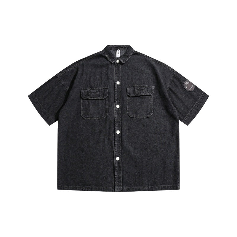 Embroidered Loose Vintage Denim Shirt with Patch Pockets