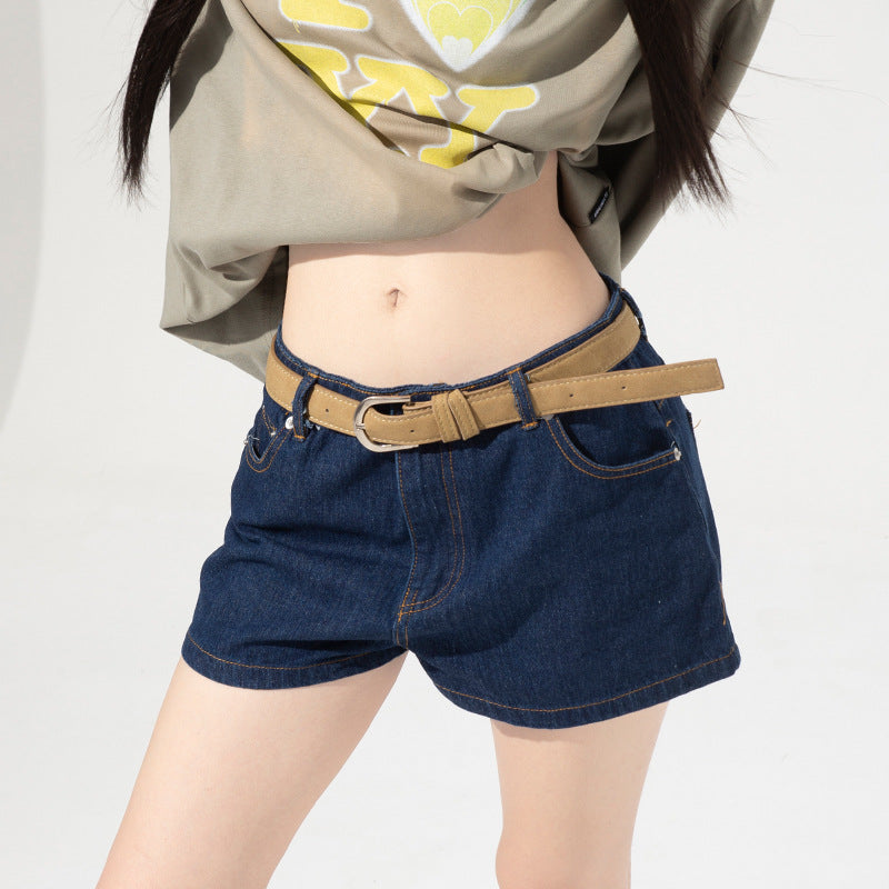 Retro Dark Blue Denim Shorts for Women - High Waist A-line Straight Leg Slim Hot Pants