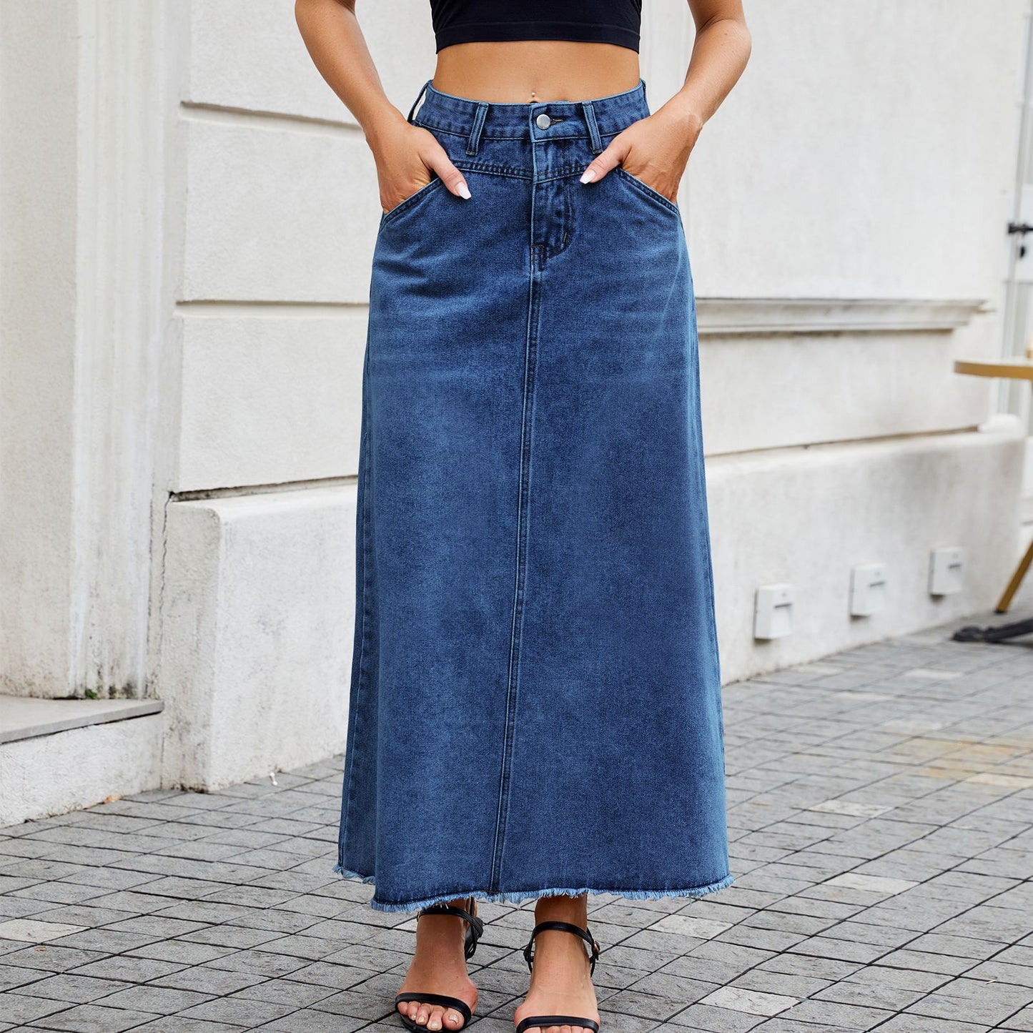 Chic High-Waisted Denim Midi Skirt for Women with Pockets