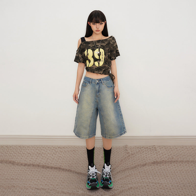 Women's Loose Wide-Leg Denim Shorts with Gradient Finish