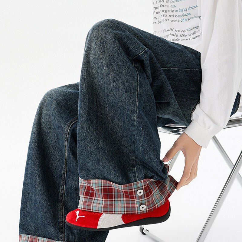 Retro Washed Dark Blue Plaid Cuffed Denim Pants - Luxury Streetwear