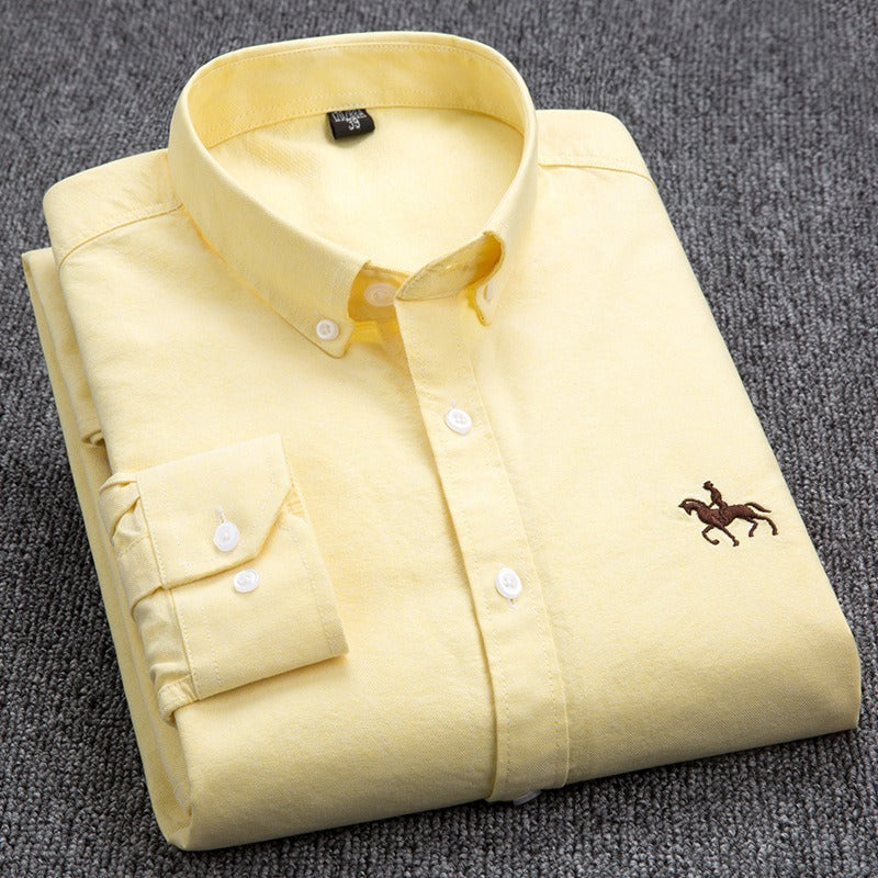Pure Cotton Men's Long-Sleeved Oxford Shirt - Embroidered Logo