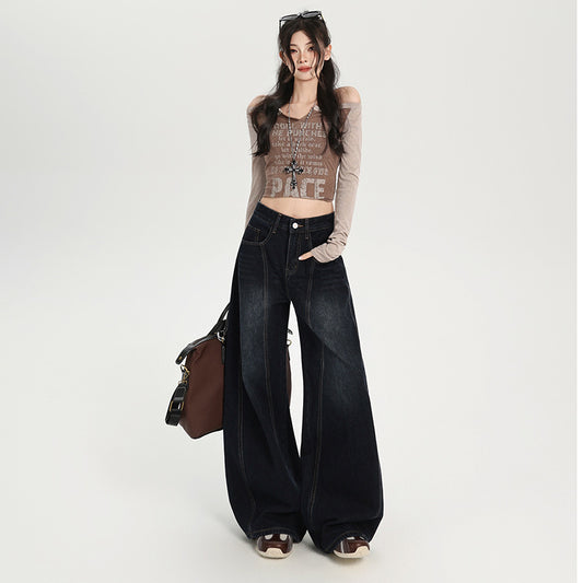 Washed Loose Embroidered Tapered Denim Pants for Women