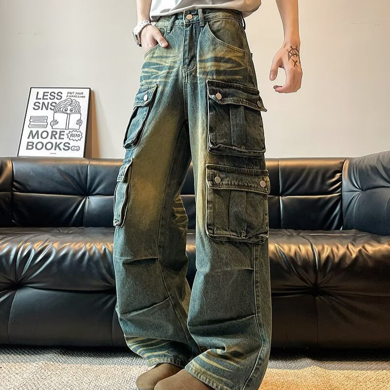 Washed and Worn Multi Pocket Wide Leg Hanging Long Pants