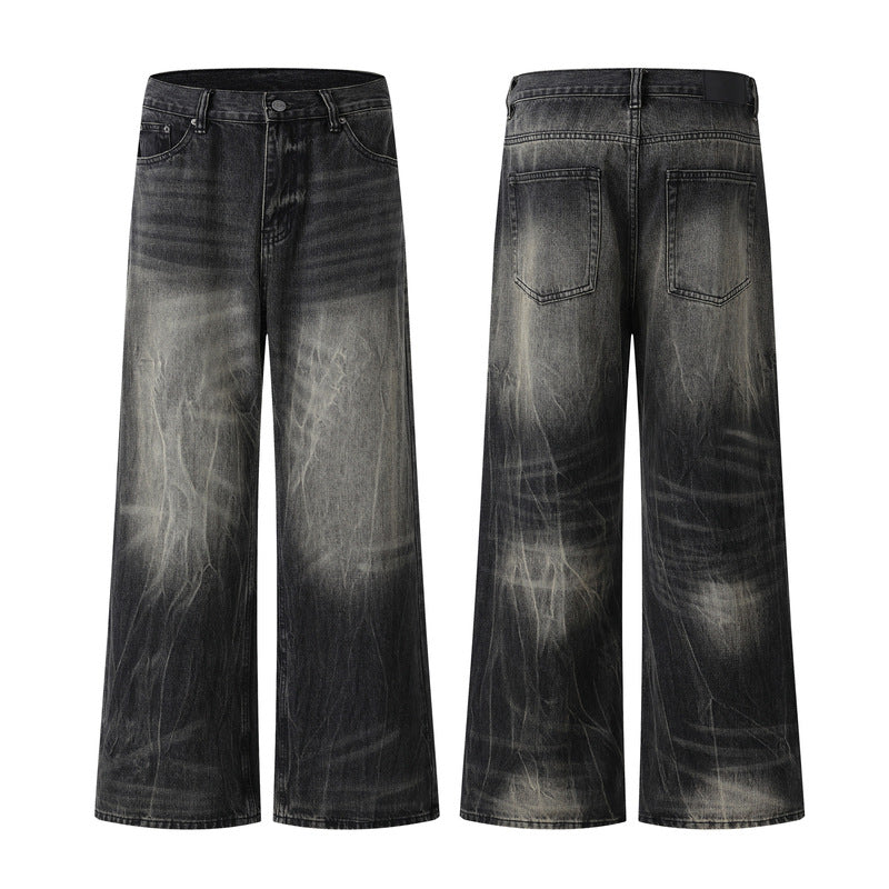 Washed Distressed Lightning Pattern Loose Vertical Flare Denim Pants Unisex