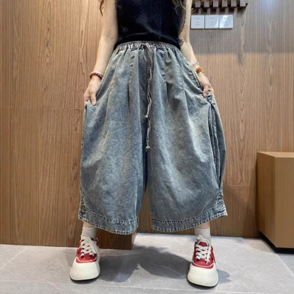 Vintage Washed Denim Pants for Women – Casual Loose Fashion Seven-Quarter Wide-Leg Style