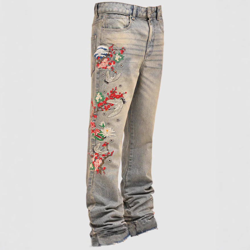 Men's Denim Straight Leg Jeans - Street Fashion Elastic Patchwork