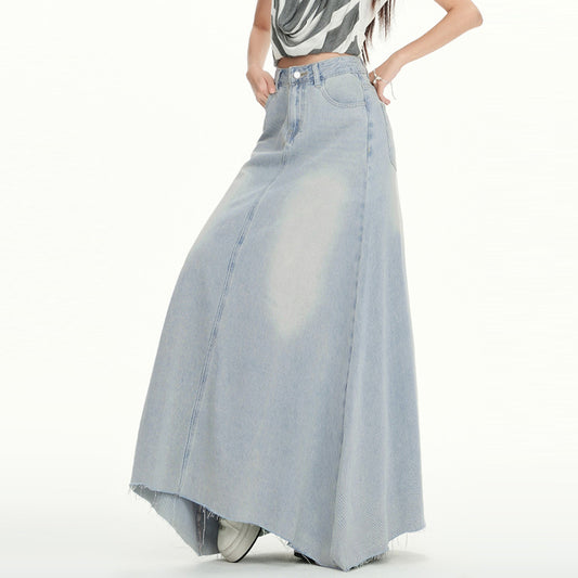 High-Waisted Flowing Denim Skirt for Women - Flared Design with Frayed Hem