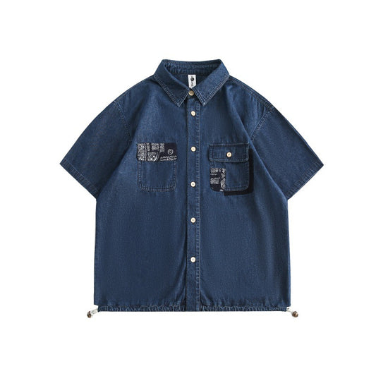 Washed Denim Shirt with Cashew Flower Splicing