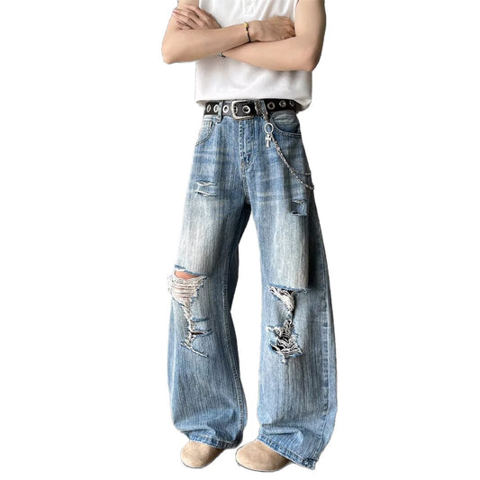 Retro Straight Tube Loose Fit Distressed Bamboo Texture Wide Leg Pants