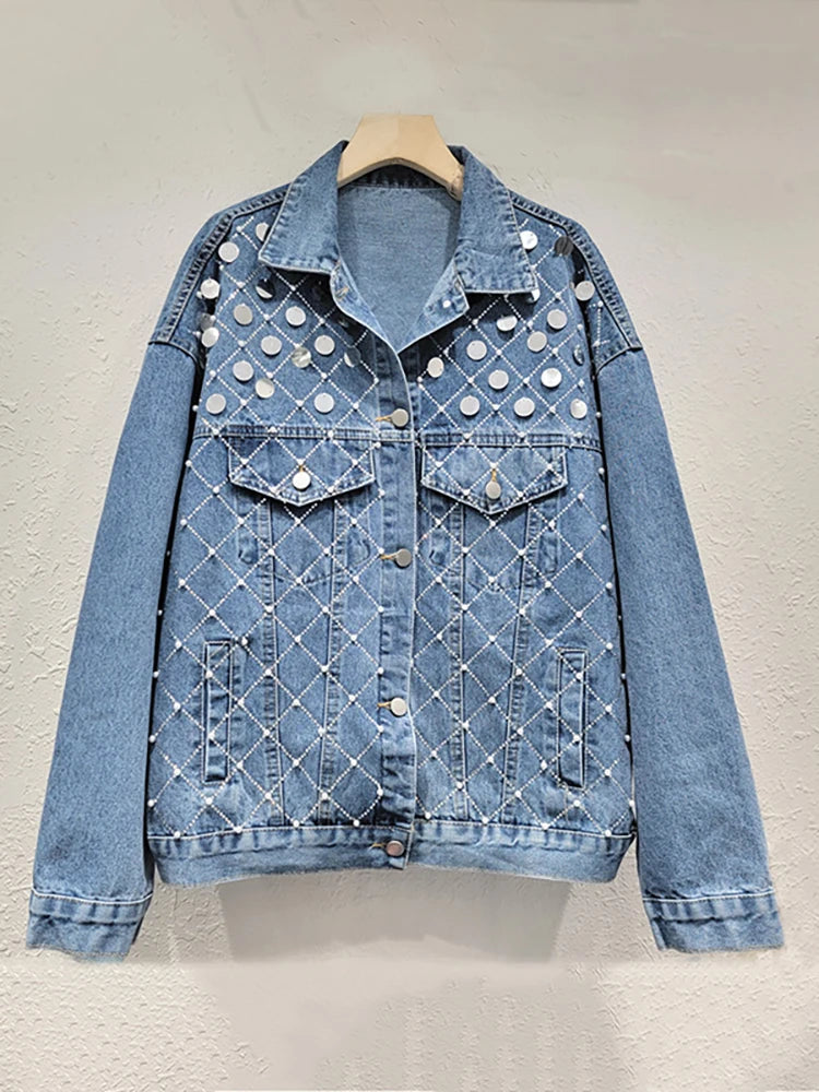 Women's Denim Jacket with Big Sequins, Pearls, and Rhinestones