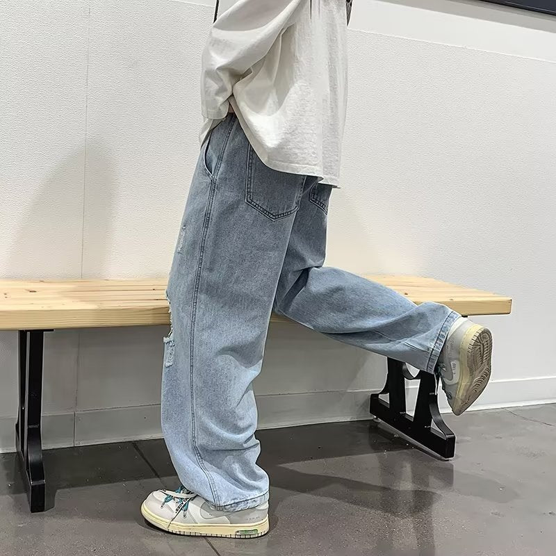 Men's Ripped Summer Jeans - Thin Fit Loose Straight Wide Leg