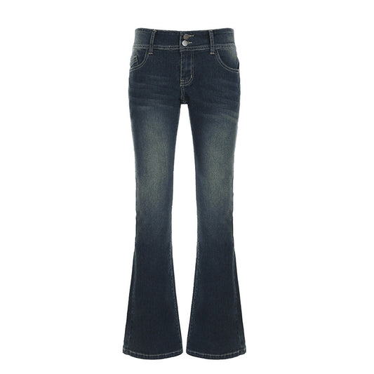 Street Style Faded Low Waist Skinny Flare Jeans - Retro Slimming & Hip-Lifting Casual Long Pants