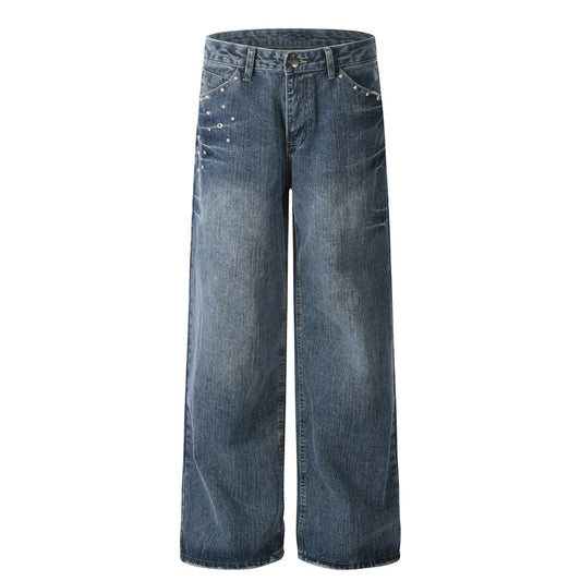 Street Retro Rivet Lightning Denim Pants - Unisex Loose Fit Trousers