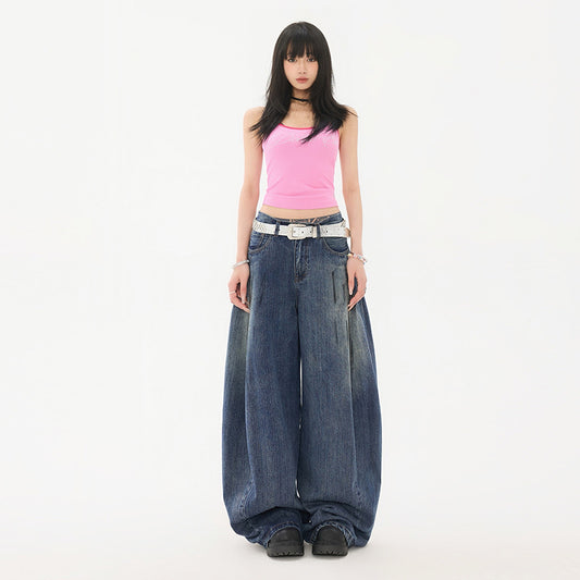 Women's Washed Distressed Mid-Waist Wide-Leg Pants Scissors Denim Trousers