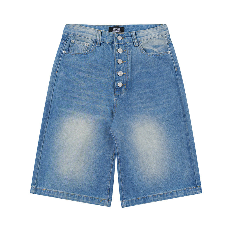 Premium Washed and Worn Flight Button Open Denim Shorts