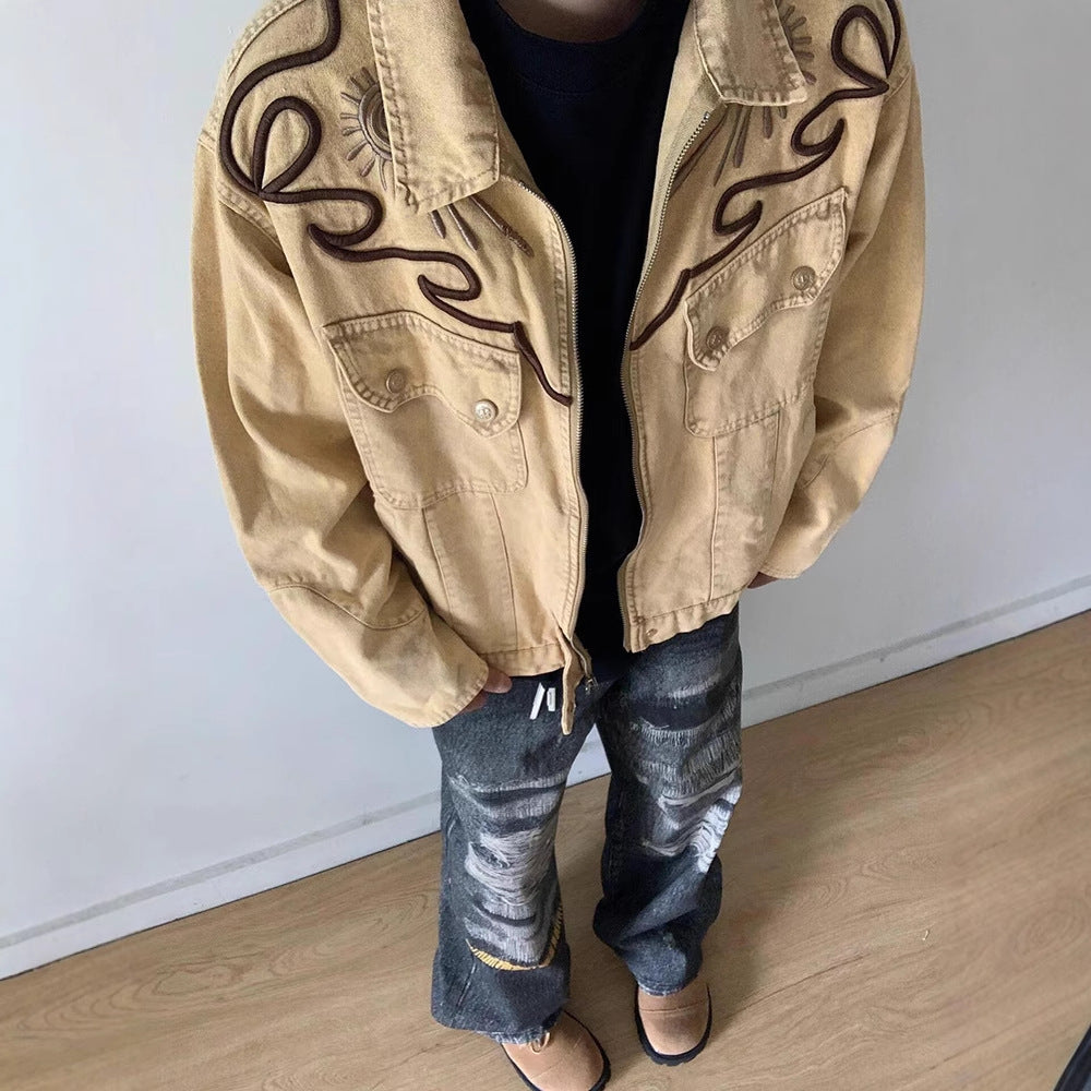 Heavyweight Denim Jacket - Embroidered Washed Vintage Retro Jacket