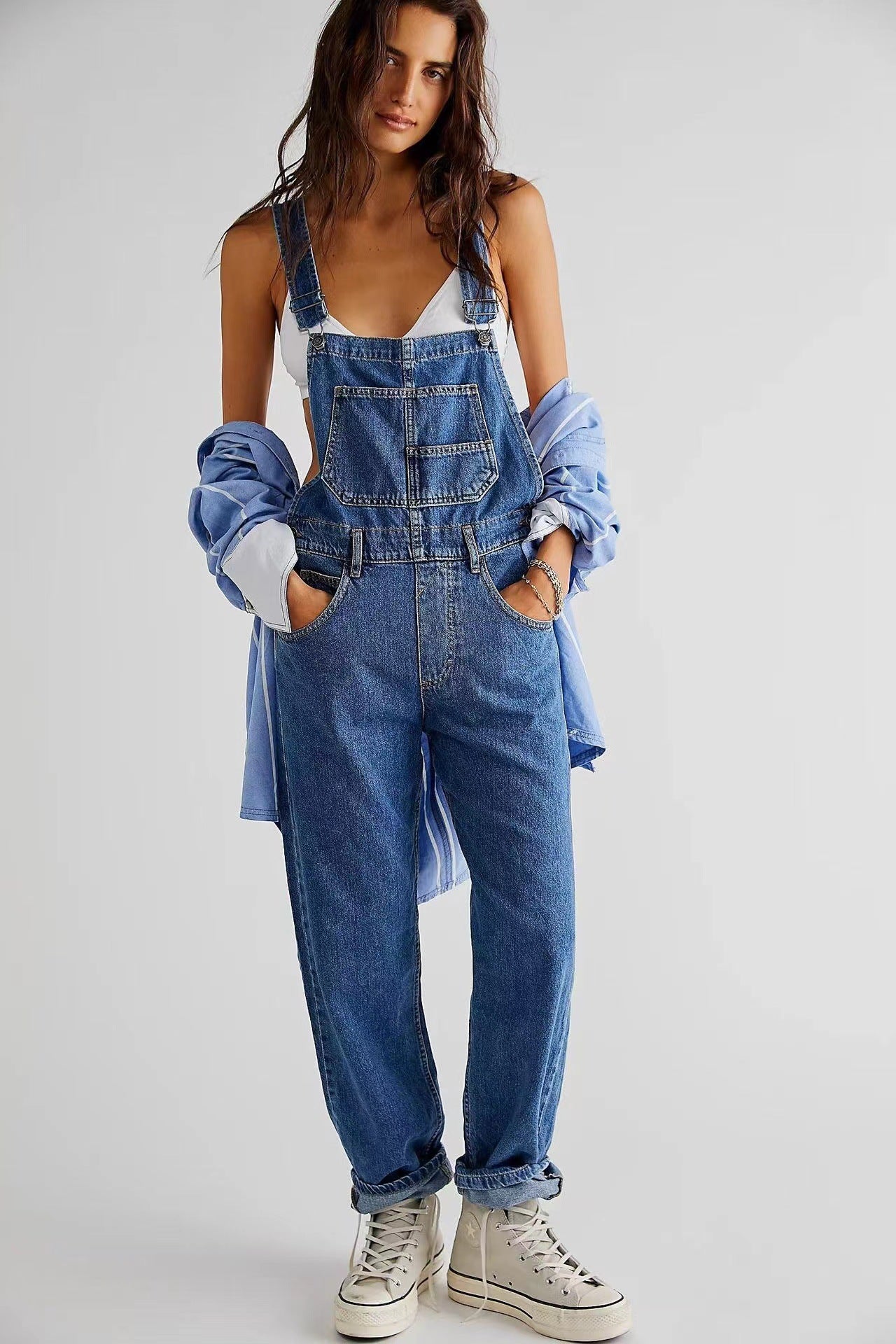 Women's Casual Loose Fitting Denim Long Pants with Straps