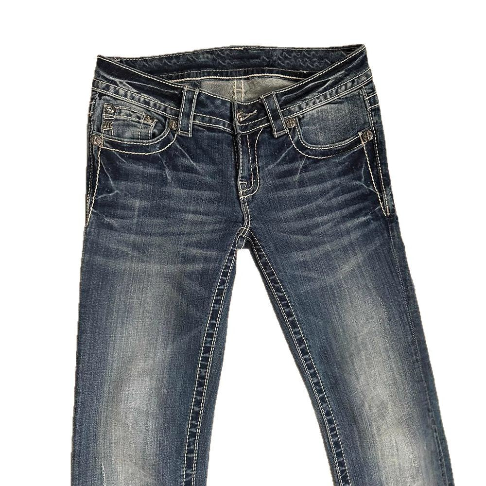 Millennial Spicy Girl Denim Pants with Cross Embroidery Casual Low Waist Slimming Long Trousers