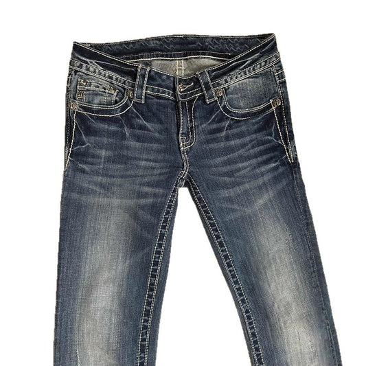 Millennial Spicy Girl Denim Pants with Cross Embroidery Casual Low Waist Slimming Long Trousers