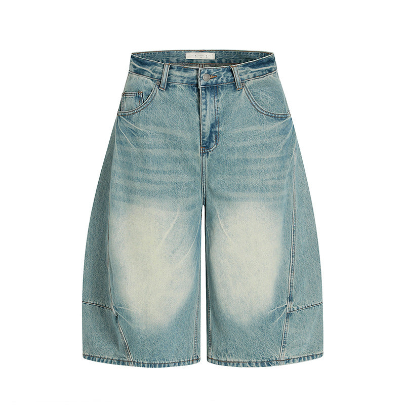 Three Dimensional Cutting Washed Curved Knife Denim Shorts