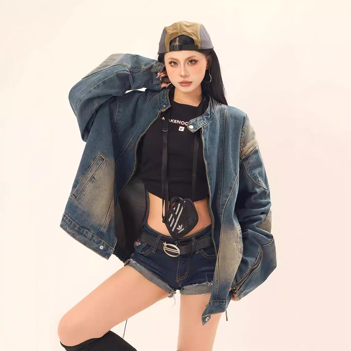 Washed Tie-Dye Stand-Up Collar Denim Jacket