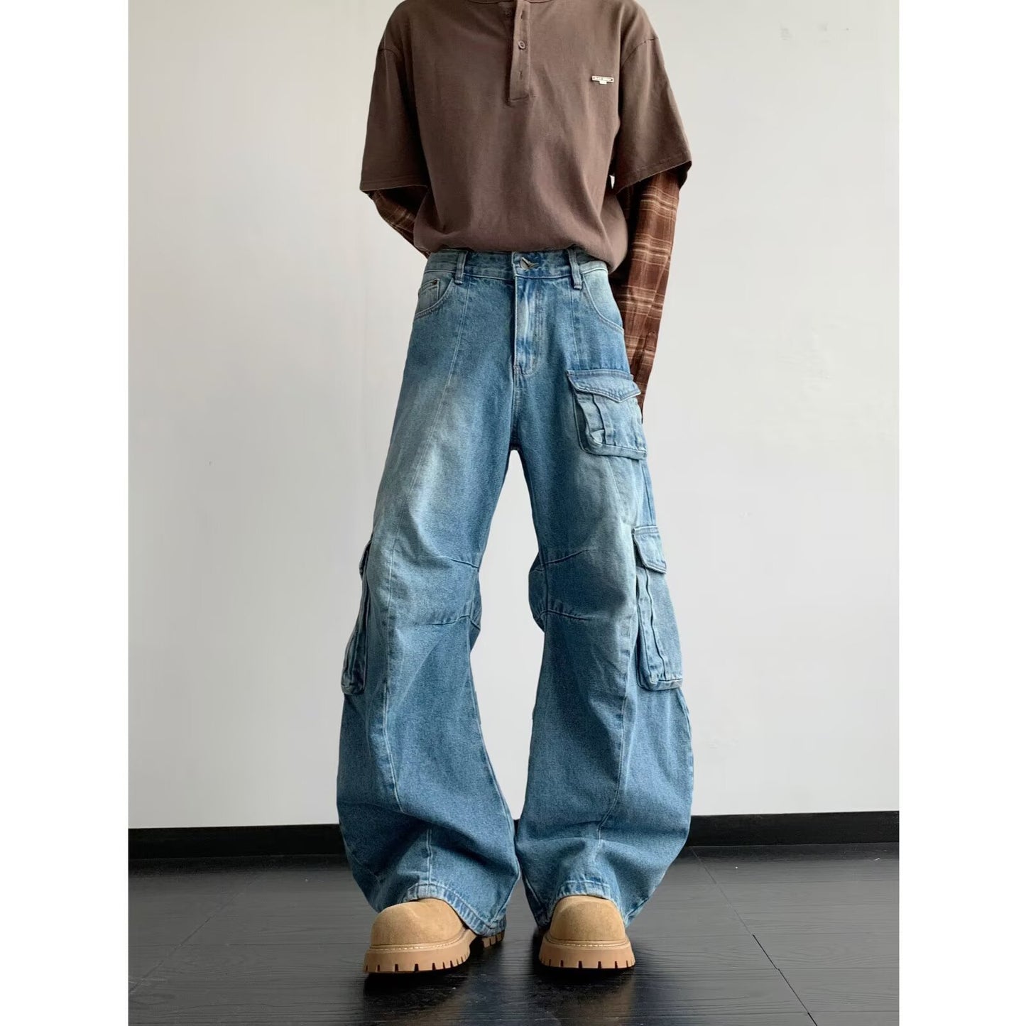 Multi Pocket Curved Knife Denim Loose Wide Leg Work Pants