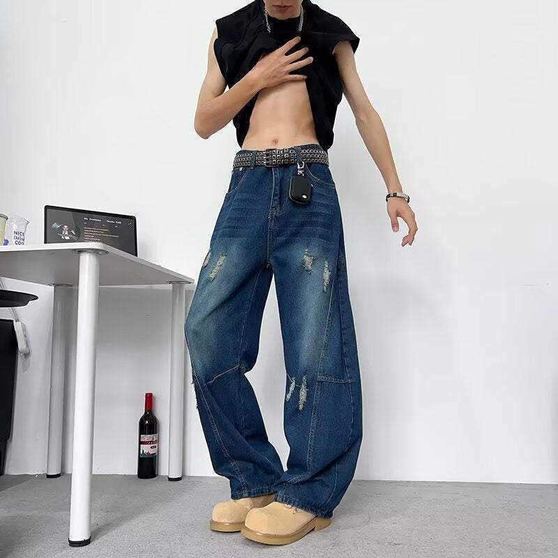 Bent Knife Piercing Cowboy Water Washed Casual Wide Leg Pants