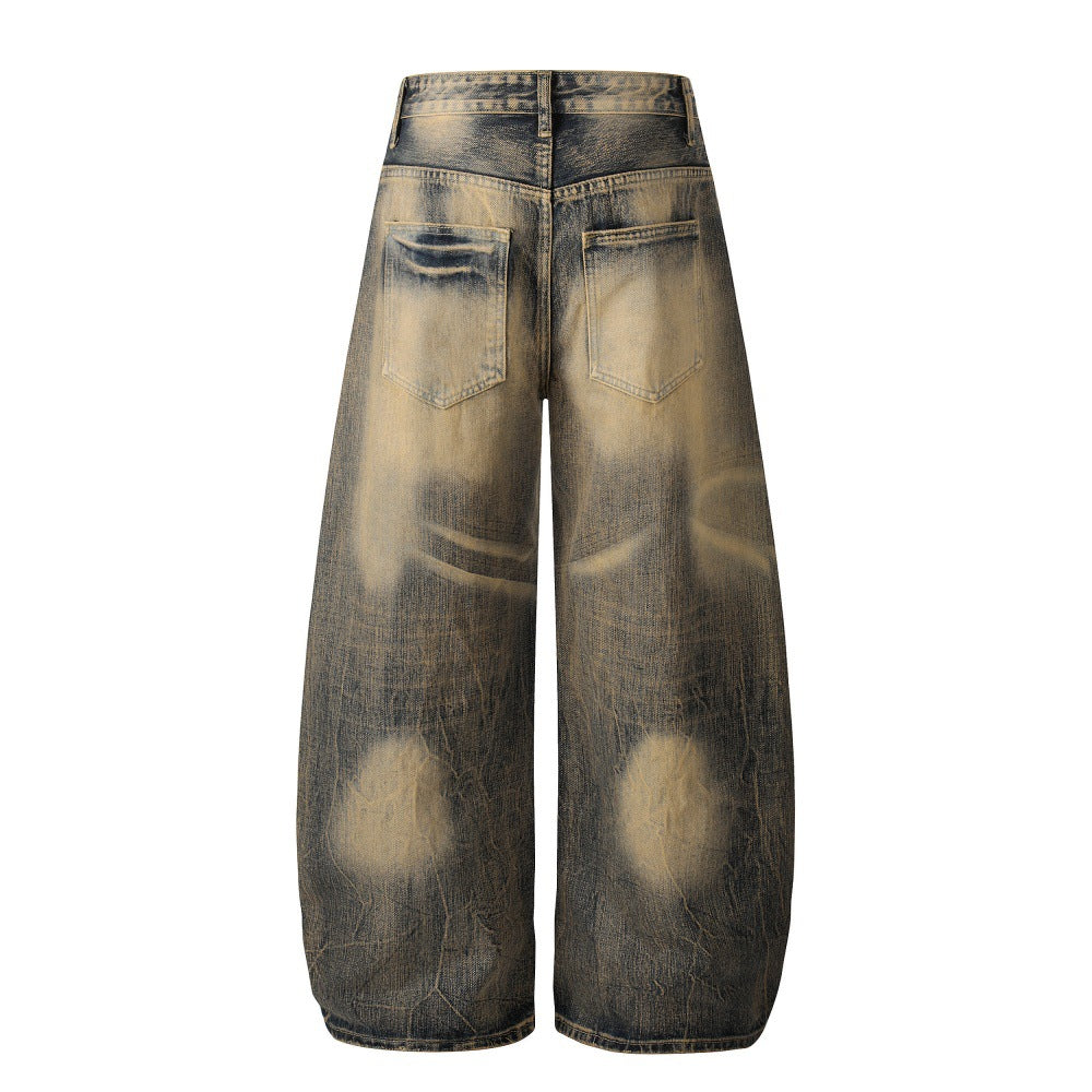 Color Blocked White Yellow Mud Dyed Denim Curved Knife Pants