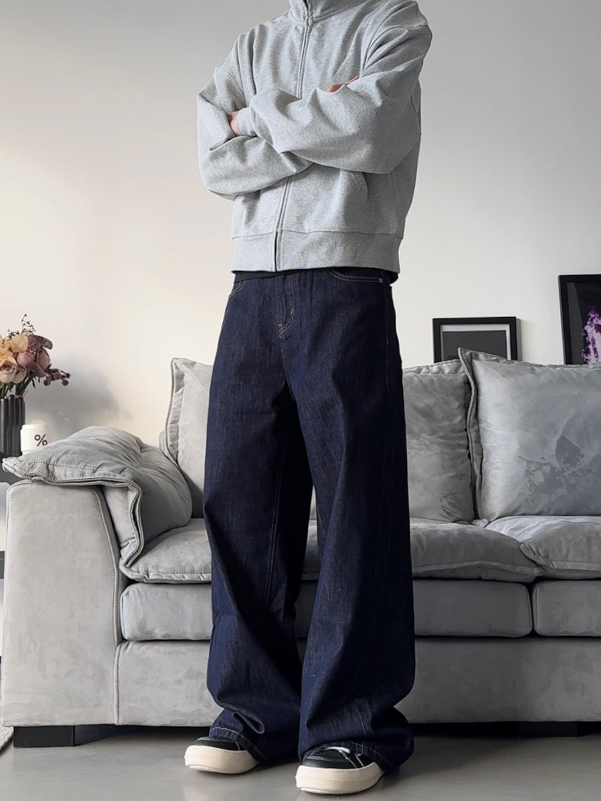 Loose Men's Denim Casual Pants with Relaxed Fit and Floor-Dragging Effect