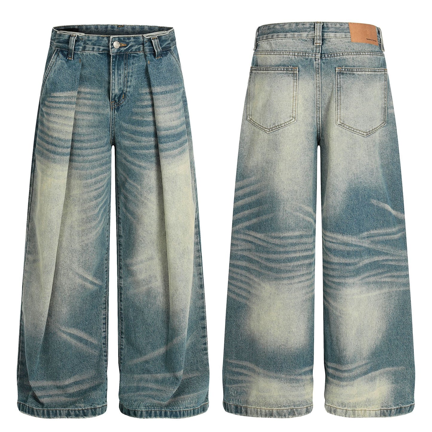 High-End Vintage Cat-Whisker Texture Pleated Design Men's Wide-Leg Casual Jeans
