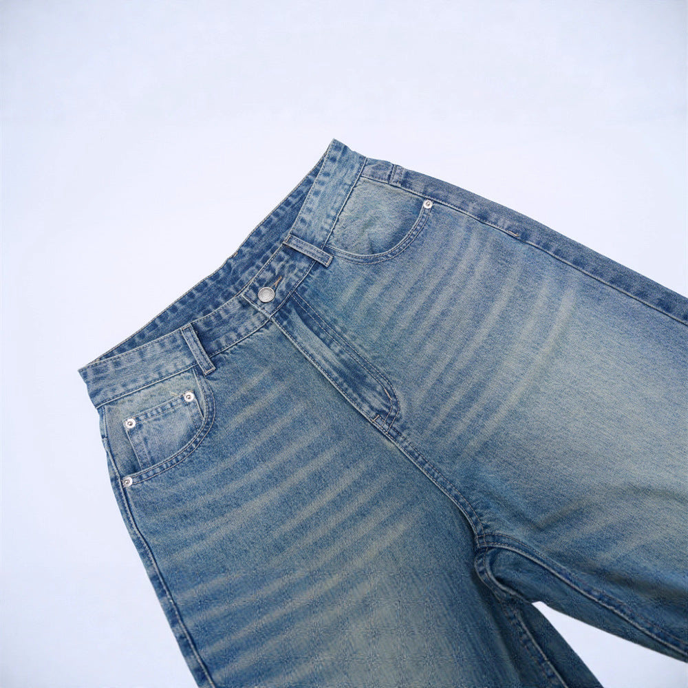 Vintage Men's Jeans, Washed Cat-Whisker Straight Leg, Casual Loose Fit
