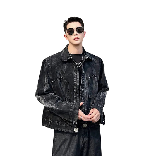 Washed Black and Gray Denim Jacket with Retro Pocket Design