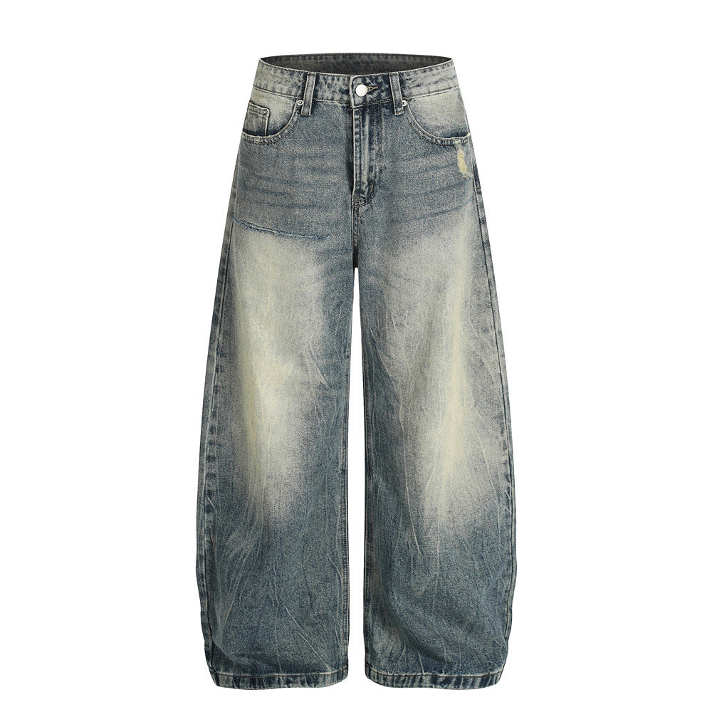 Retro Men's Jeans with Bleached Lightning Pattern, Wide Leg, Casual Loose Fit, Trendy and Versatile Pants