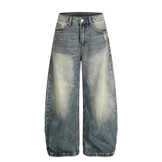 Retro Men's Jeans with Bleached Lightning Pattern, Wide Leg, Casual Loose Fit, Trendy and Versatile Pants