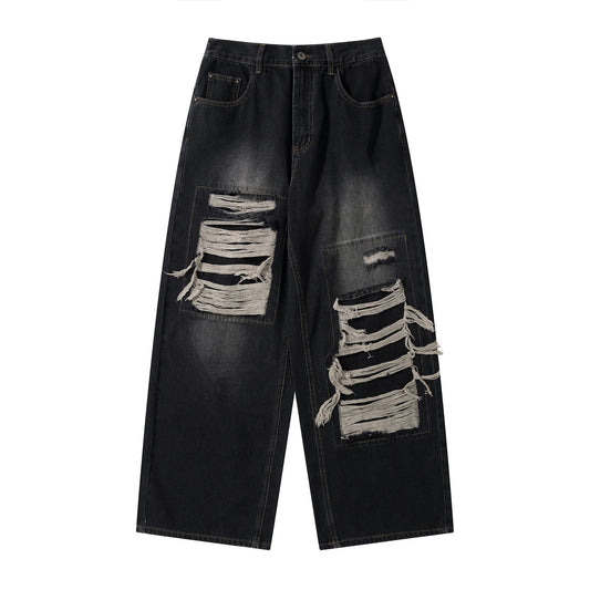 Ripped Denim Washed Tassel Loose Straight Leg Wide Leg Pants