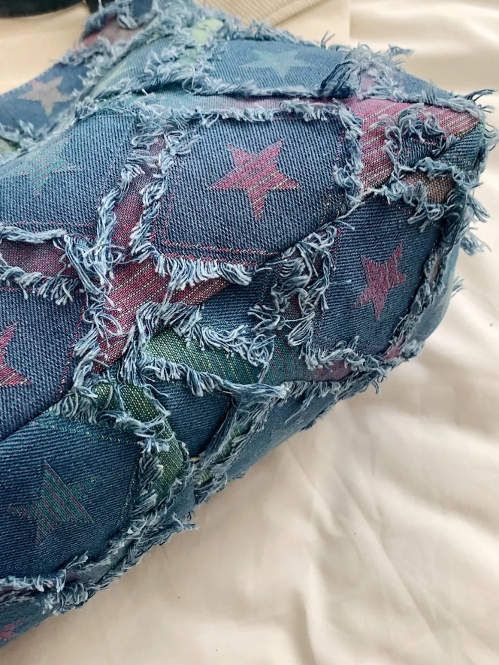 Japanese Denim Shoulder Bag with Raw Hem