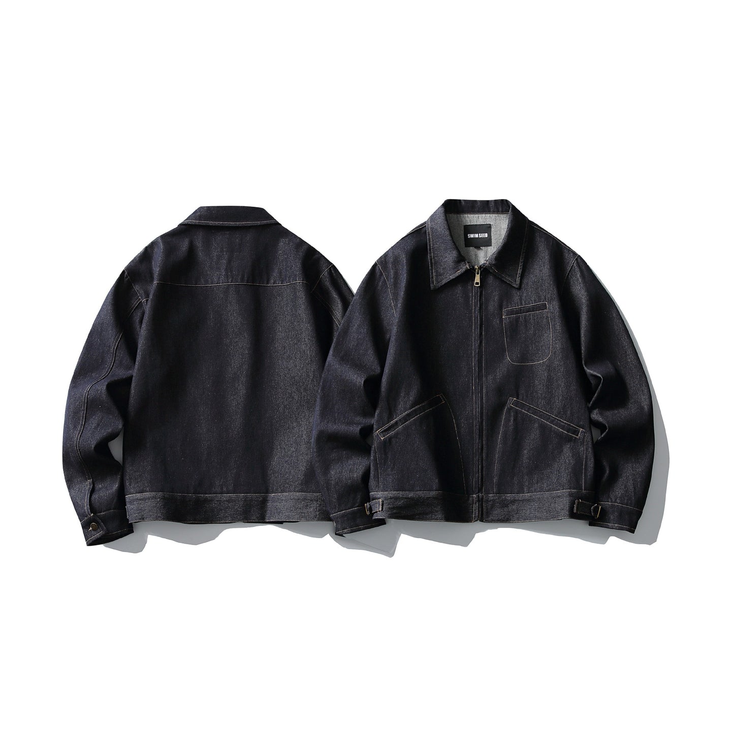 Short Denim Jacket with Topstitching Turn-down Collar