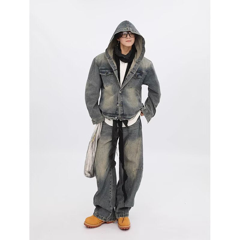 Washed Distressed Deconstructed Hooded Denim Jacket for Teens