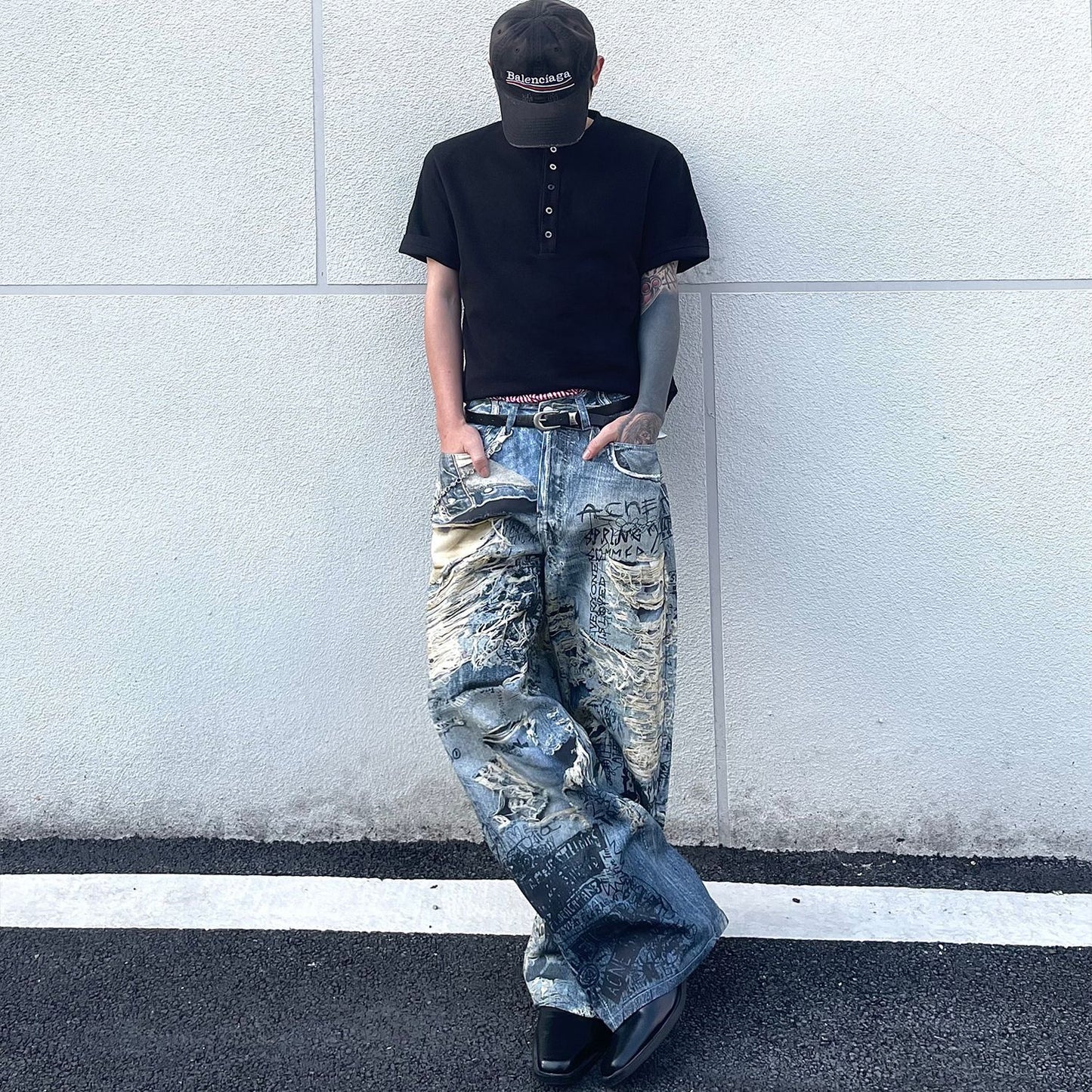 Digital Printed Letter Flower Denim Jeans for Men