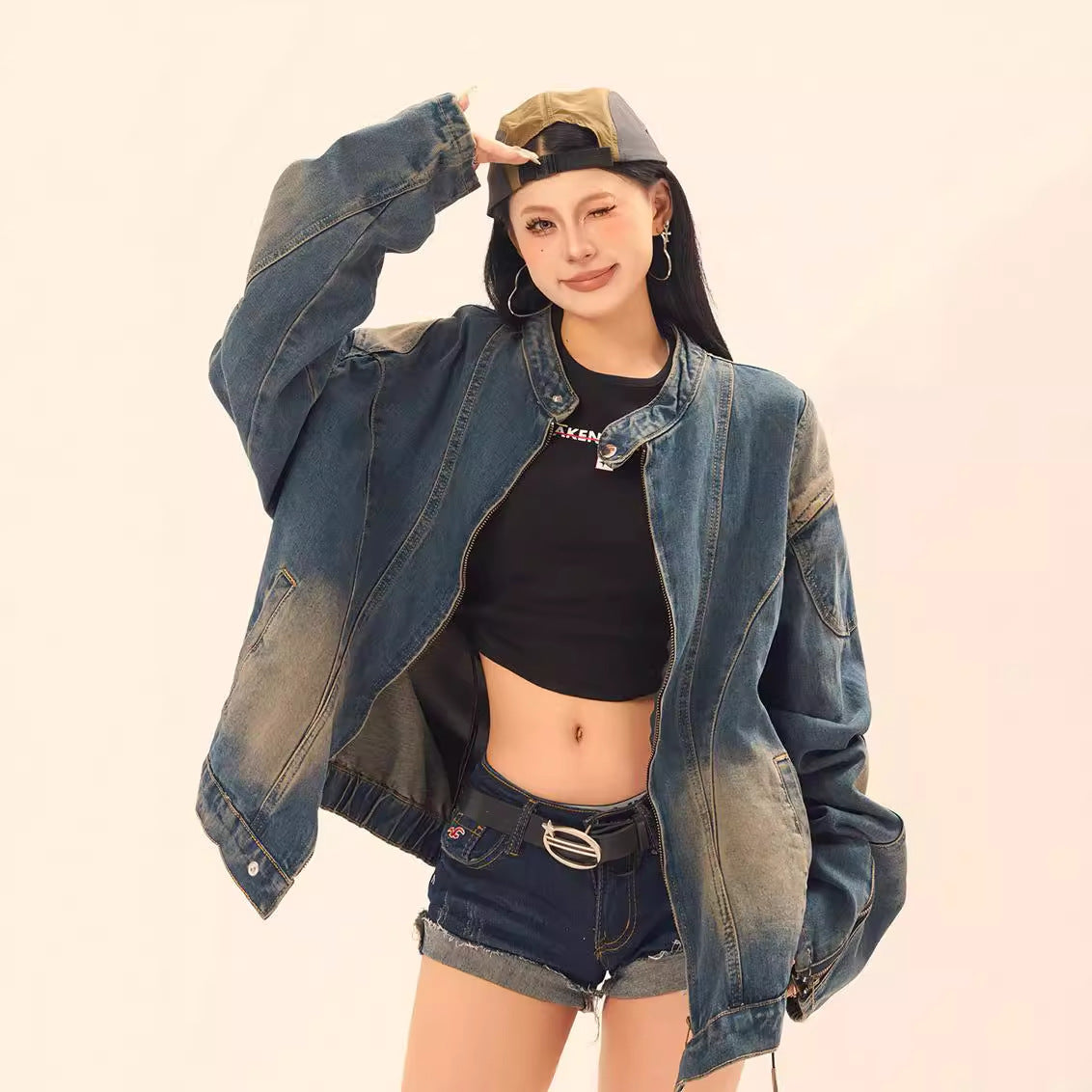 Washed Tie-Dye Stand-Up Collar Denim Jacket