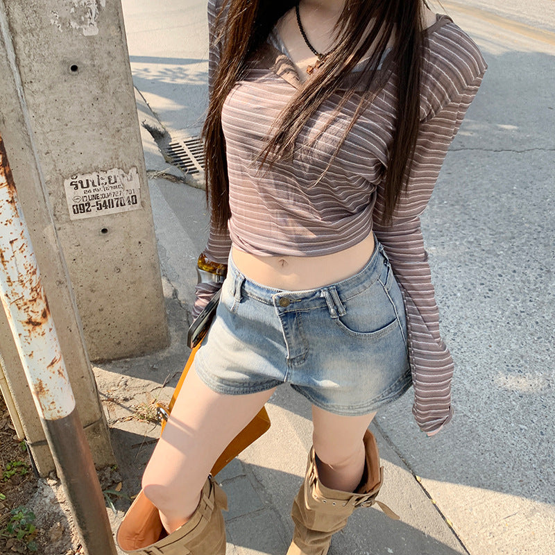 High-Elastic Denim Shorts for Women - High Waist Slimming A-Line Distressed Hot Pants