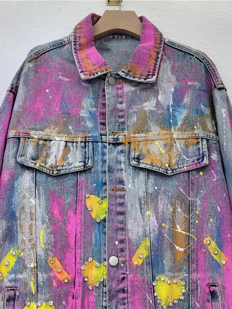 Women's Colorful Heart-Shaped Graffiti Denim Coat with Diamond Details