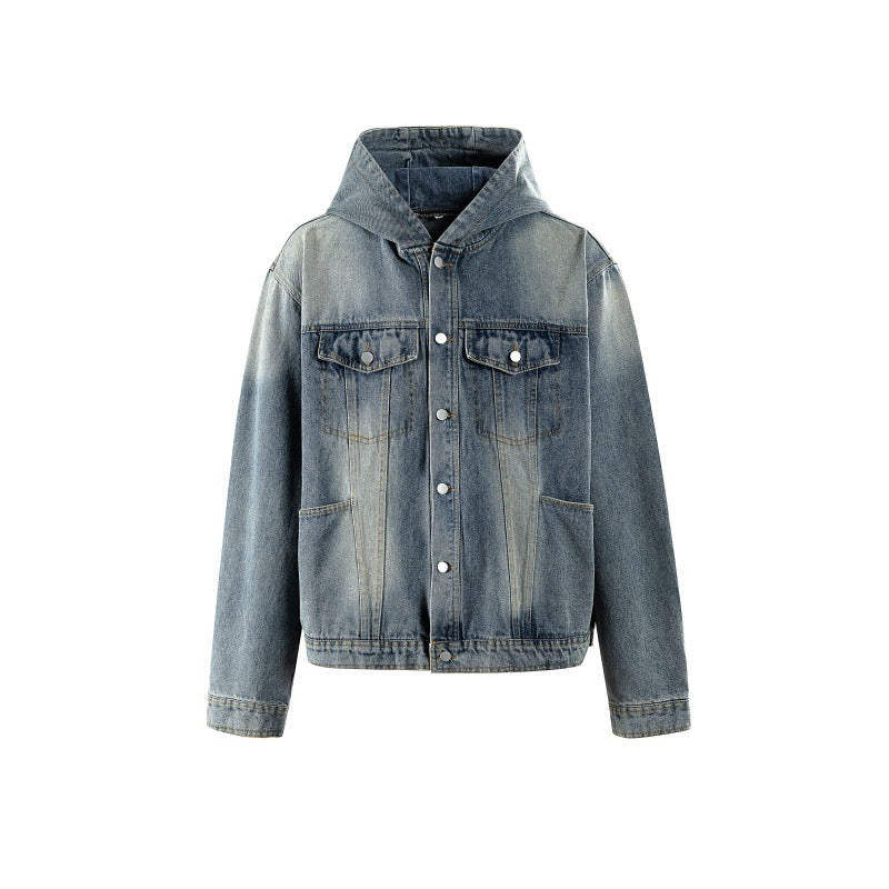 Washed Distressed Multi-Pocket Loose Hooded Workwear Denim Jacket