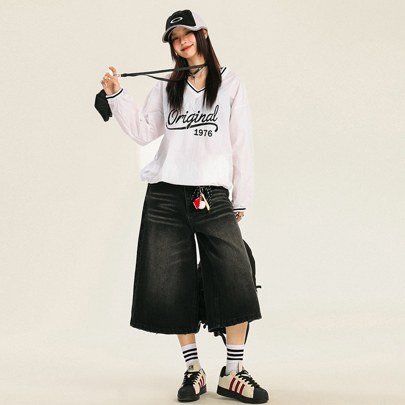 Orange Silk Women's Seven-Quarter Denim Pants - High-Waist Loose High-Street Straight Leg Trousers