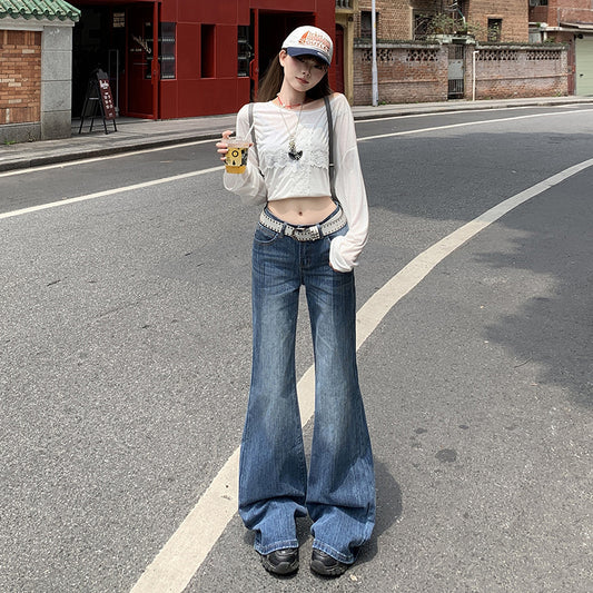 Women's Loose Flared Denim Pants - Low Waist Slimming Trumpet Floor-Length Trousers