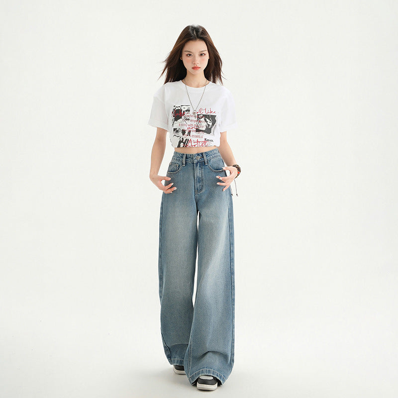 Women's Washed Draped High Waist Wide Leg Jeans